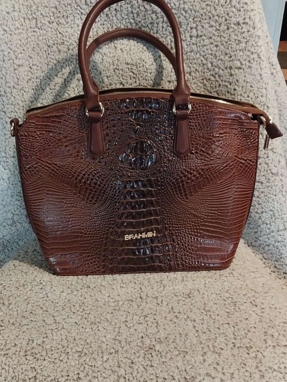 Brahmin Dark Brown Croc-Embossed Satchel with Gold Logo
